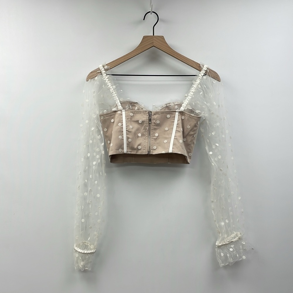 Hello Molly Sunset Polka Dot Mesh Sweetheart Corset Crop Top Preppy Beige 4 - Picture 7 of 12